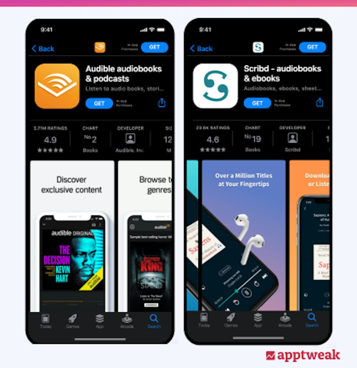Comparing the app pages of two audiobook apps in Dark Mode with AppTweak's App Page Previewer